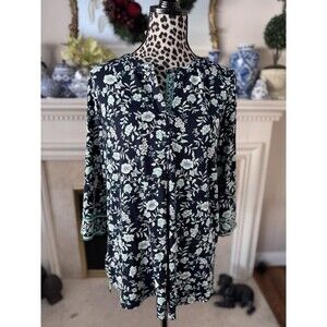 J Jill Floral Tunic Split Neck Long Sleeve Top Boho Relaxed Blue 3/4 Sleeve S